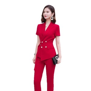 Red Women's Suit <b>Set</b> Short Sleeve <b>Blazer</b> Pants Solid Color Anti-Wrinkle Professional Attire Summer Casual Wear - Product Image 5