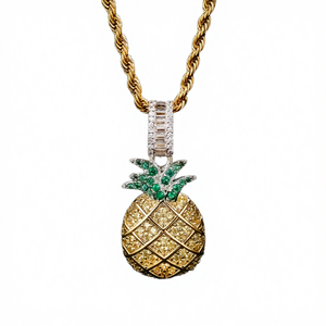 Collier pendentif en forme d'ananas en laiton plaqué argent, cadeau hip-hop pour homme, délicat, mignon, réaliste, feuille verte en zircon, fruit tropical - Product Image 4