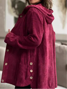 Cardigan à boutonnage simple pour femme, nouveau style, à capuche, coupe ample, en velours côtelé, manteau décontracté pour femme - Product Image 2