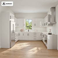 Meuble de cuisine sur mesure à finition brillante, aménagement en U minimaliste, boîtes en panneaux mélaminés, unités modulaires et tiroirs à fermeture amortie