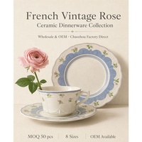 Nouvel ensemble de vaisselle en céramique 2026 style campagne française vintage, motif rose, assiette à dessert ovale festonnée bleue à motifs floraux, compatible micro-ondes (surface vernie)