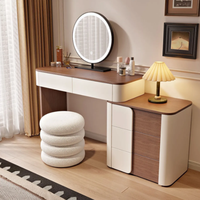 Coiffeuse moderne en pin massif couleur crème pour petit appartement avec armoire de rangement, miroir éclairé et étagères réglables