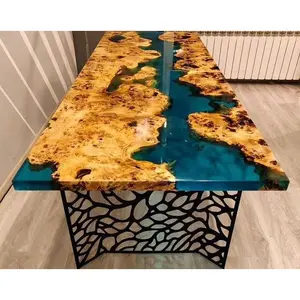 최고 등급 식당 가구 라이브 에지 포플러 burl 나무 슬래브 강 테이블 독특한 다리 맞춤형 투명 에폭시 수지 테이블