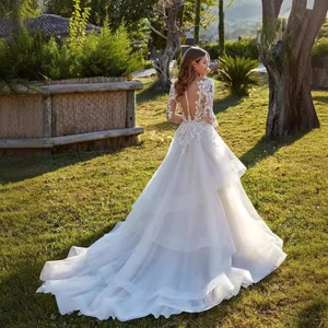 Wedding Dress High Waist Ball Gown Sweetheart Neckline Long Sleeve <b>Lace</b> Vintage Bridal Gown <b>White</b> Polyester Fiber - Product Image 4