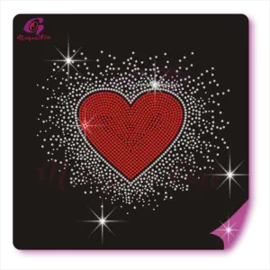 Wholesale Price Shiny Heart Valentine Day Iron on Rhinestone Motif Custom Heart Heat Transfer Designs
