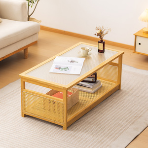 Mesa de centro de ratán con tapa de vidrio templado, marco de bambú, muebles de sala de estar de estilo japonés, diseño rectangular moderno y sencillo - Product Image 3