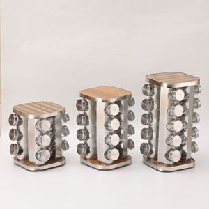Stainless Steel <b>Spice</b> Rack 360 Rotating Wood Grain Silver Kitchen Seasoning Storage <b>Jar</b> Organizer - Product Image 4