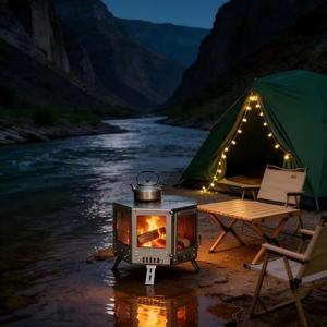 Poêle <span class=keywords><strong>à</strong></span> <span class=keywords><strong>bois</strong></span> hexagonal multifonctionnel en acier inoxydable pour le camping en plein air, pour cuisiner/chauffer/élever la température, avec pieds pliables - Product Image 3