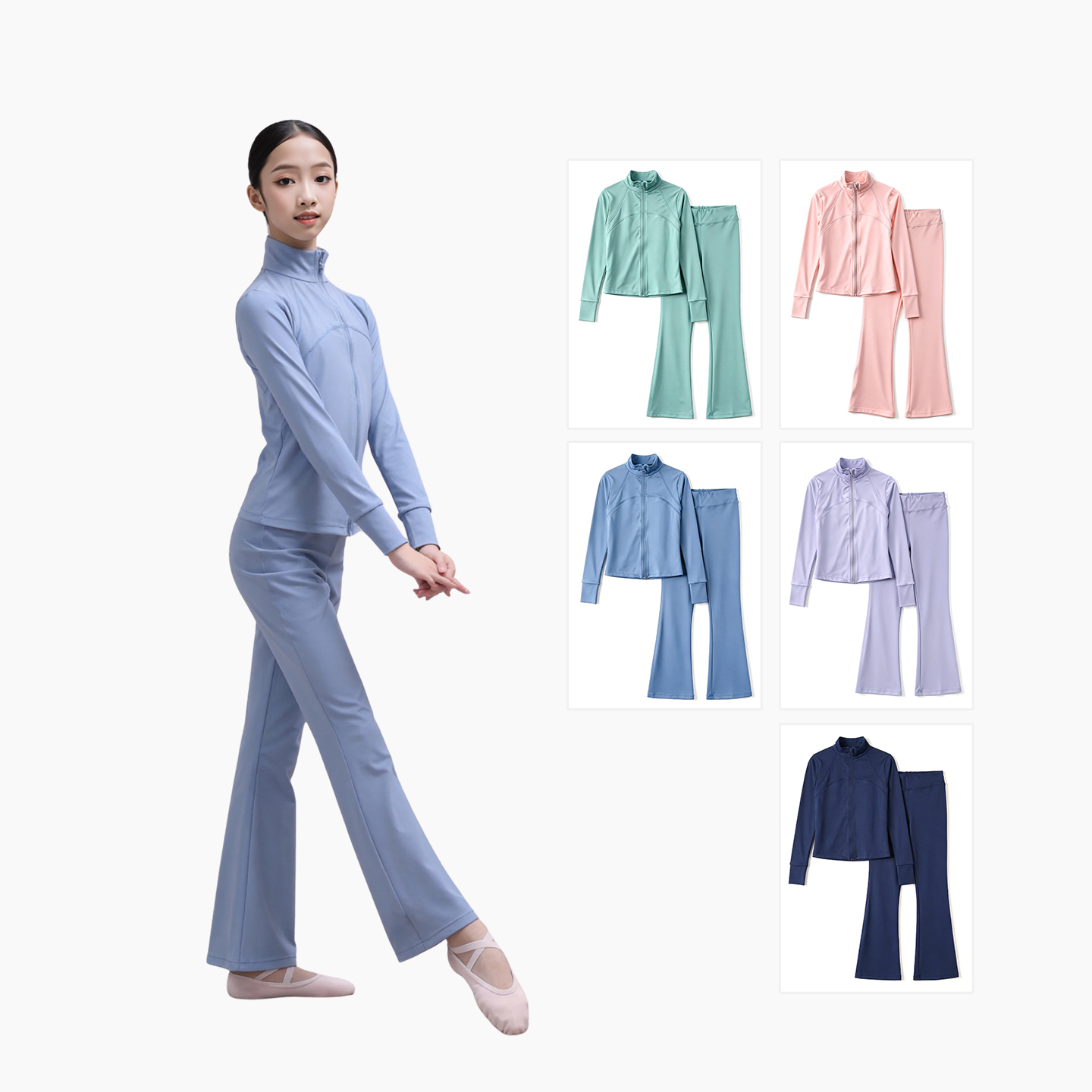 Soft Stretch Long Sleeve Ballet Warm Outfit Full Zip Stand Collar Crop Yoga Workout Set Children Girls Spandex/Nylon