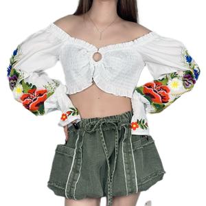 OEM - Nouveau haut court sexy à manches longues et épaules dénudées pour femmes, broderie personnalisée - Product Image 1