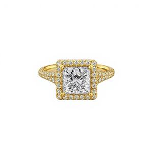 Anillo de compromiso de oro rosa/amarillo y blanco de 9K con diamante de corte princesa cultivado en laboratorio, halo y banda pavé, estilo vintage, certificado IGI - Product Image 1