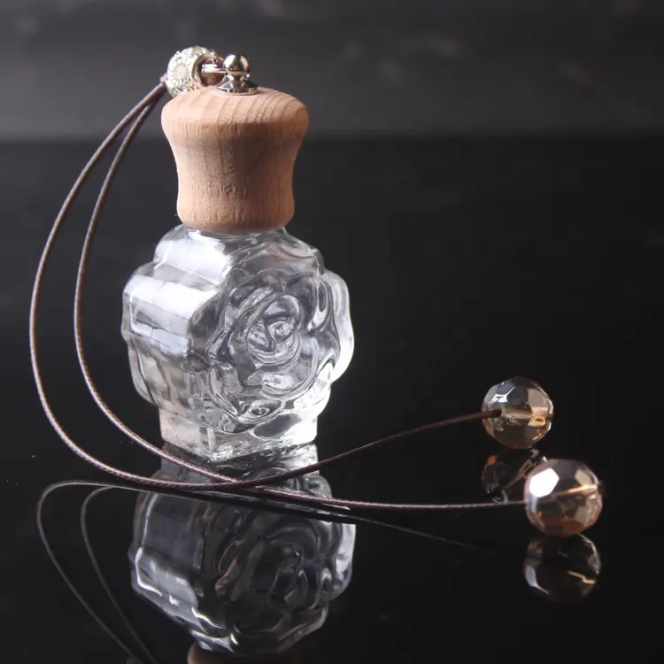 12ml Luxury flower design empty bottle wooden cover with iron nail car air freshener perfume glass rose hanging bottle