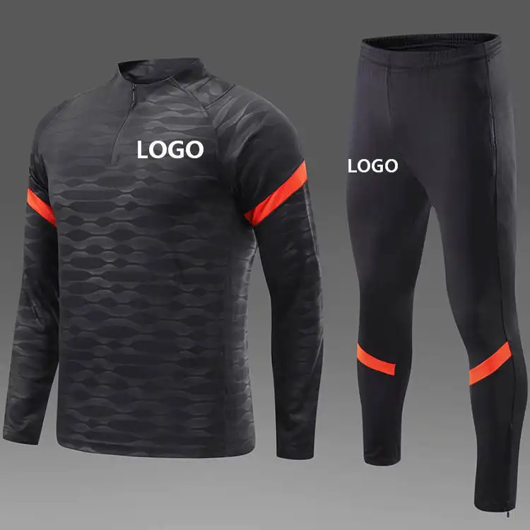 Black Stripes Soccer Training Suit Customized Football Team Logo Tracksuits And Pants Men Half Zipper Sports Warm Up Tracksuit