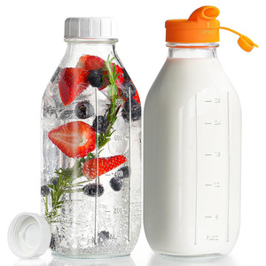 Botella de Vidrio Cuadrada de 16oz/32oz con Escala y Boquilla para Servir Leche, Jugo - Product Image 1