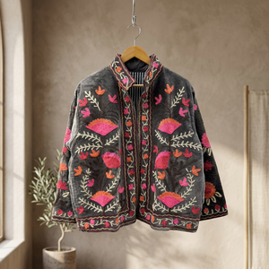 Custom Hand Embroidered Charcoal Velvet Suzani Jacket Women Reversible Floral <b>Short</b> Coat Wholesale Ethnic Boho Outerwear - Product Image 1