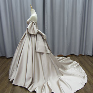 Jancember MZ0038 Robes de soirée sans bretelles en satin champagne brillant à longue queue - Product Image 4