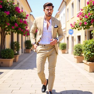 Costume 2 pièces jacquard en mélange de <span class=keywords><strong>lin</strong></span> pour <span class=keywords><strong>homme</strong></span>, coupe ajustée, simple boutonnage, <span class=keywords><strong>décontracté</strong></span>, pour <span class=keywords><strong>mariage</strong></span> ou affaires, ensemble blazer et pantalon - Product Image 3