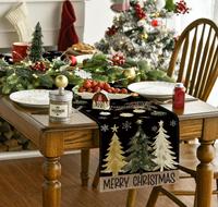 Chemin de table personnalisable en lin imprimé sapin de Noël, réutilisable et lavable, pour la décoration de table de fêtes