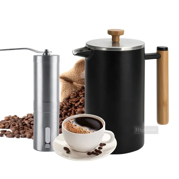 HIGHWIN Black Stainless Steel Manual Coffee Grinder French Press Coffee Maker Coffee Set