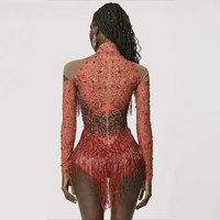 Combinaison de scène rouge à franges et strass pour femme, manches longues, col montant, maille transparente, costume de danse, latin, cabaret, showgirl