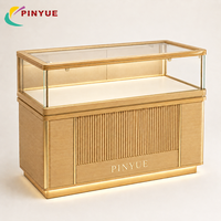 Présentoir de Comptoir de Luxe pour Montres avec Bordure Dorée, Vitrine de Bijoux en Verre, Meuble de Présentation Lumineux à LED sur Pied en Bois