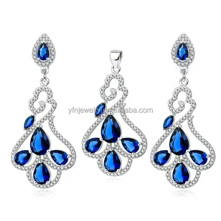 Set perhiasan Zirconia perak 925 kalung dan anting-anting liontin batu biru berkualitas tinggi