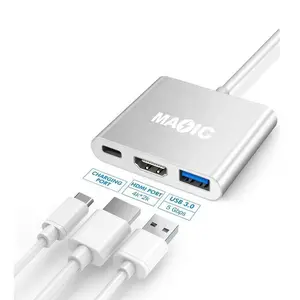 Kabel adaptor HUB USB Tipe C HDTV + USB 3 in 1, HUB stasiun Dok konverter USB C HDTV + USB 3 in 1 Premium