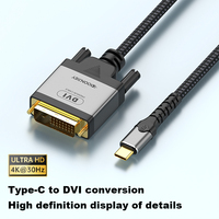 Câble USB-C DVI mâle-mâle en nylon plaqué or haute définition 4K 30Hz 2M, combinaison pour ordinateurs portables, moniteurs, projecteurs, HDTV