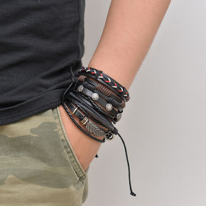 Böhmischer Schmuck Punk Black Feather Charm Leder armband Herren - Product Image 1