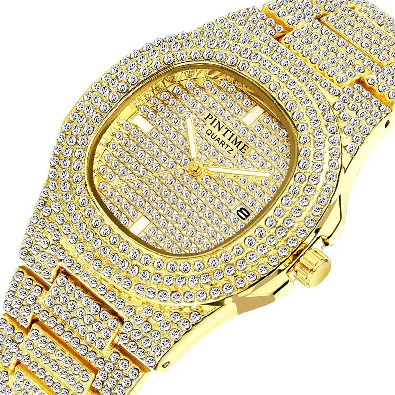 Fashion Unisex Mens Watches Top Brand Luxury Iced Out Diamond Stainless Steel Date Business Wristwatch Hip Hop