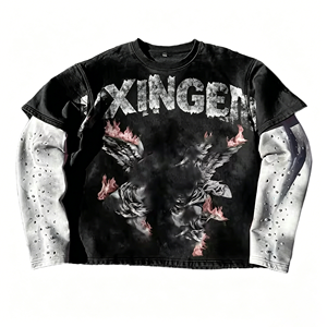 Custom Oversize Graphic T Shirts Double Layer Vintage <b>Long</b> Sleeve T Shirt Acid Wash Rhinestone <b>Tshirts</b> for Men - Product Image 3