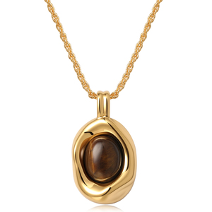 Collana con Pendente di Lusso in Ottone Placcato Oro 18K con Pietra Naturale Occhio di Tigre, Gioielli da Donna all'Ingrosso - Product Image 1