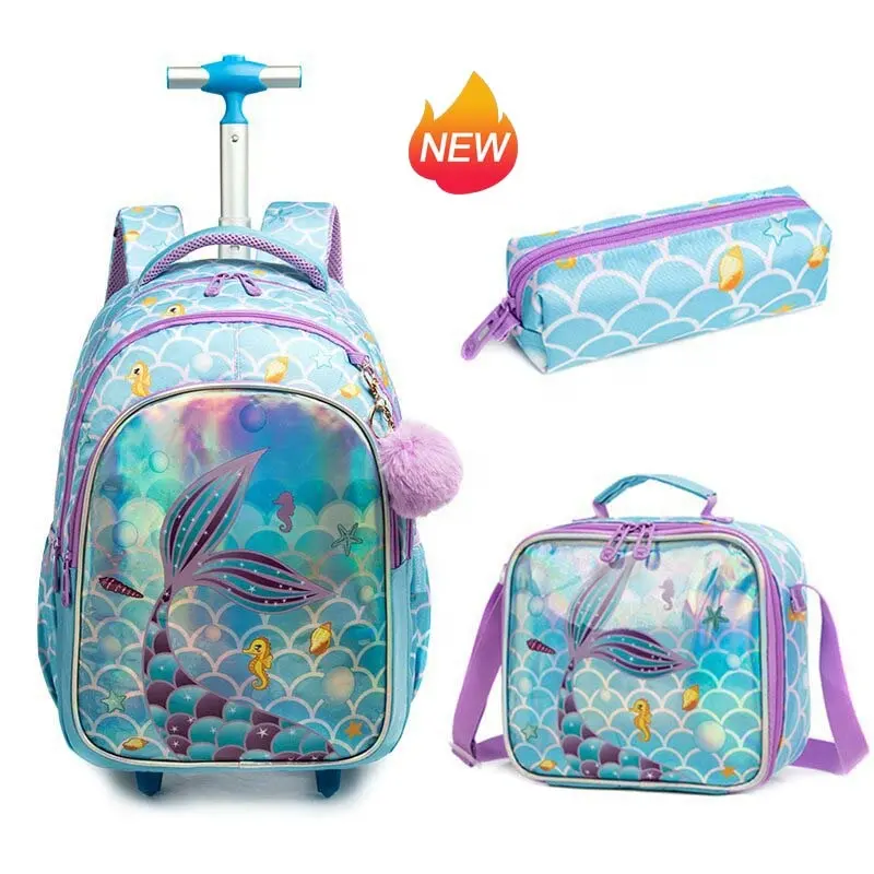 Sac à dos à roulettes pour filles garçons enfants Roller Wheels School Bookbag Set avec sac à lunch Trousse à crayons Sac d'école à roulettes pour enfants