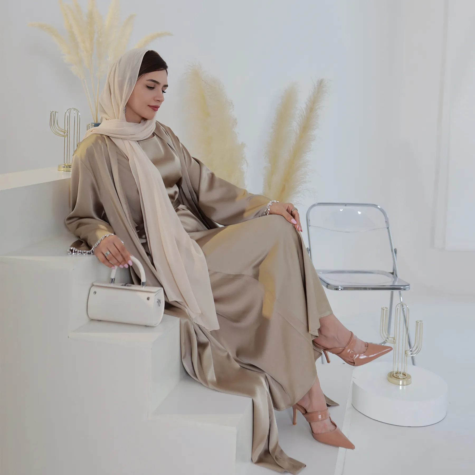 Ramadan 2 Delige Open Abaya Jurk Set Dubai Kralen Kaftan Gewaad Bijpassende Mouwloze Jurk Moslim Kimonos Dames Vest Jurken