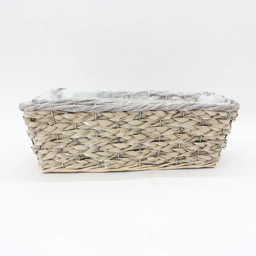 Rectangular fresh style iron framed cattail willow mixed storage basket hand woven with waterproof lining storage basket