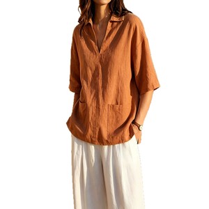 T-<span class=keywords><strong>shirt</strong></span> en coton et lin pour <span class=keywords><strong>femme</strong></span>, col en V, coupe décontractée, manches trois-quarts, couleur unie, haut d'été, style européen et américain 2026, tailles S-XXL - Product Image 6
