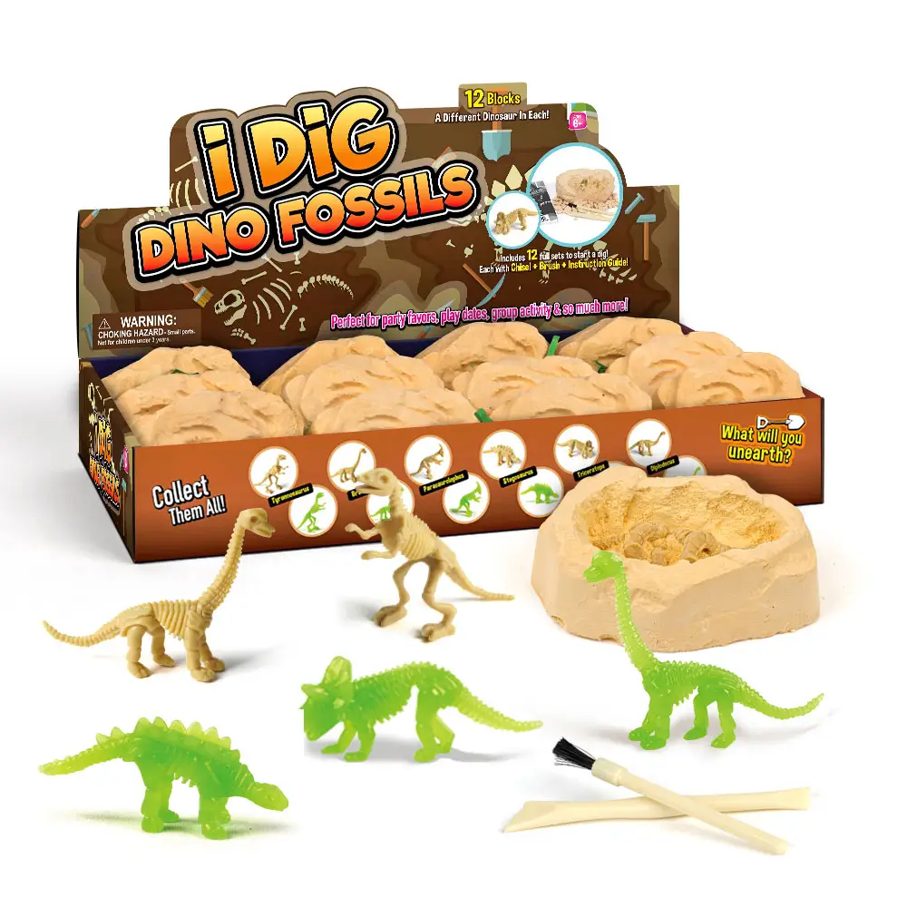 I cavar série 12, kit de cavar ovo dino de plástico com escavação fóssil de dinossauro, kit de coleção de educação científica para crianças