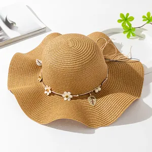 Dome custom Wave shaped beach hats for women summer straw sun shade hat Paper color hats with flap flowers Foldable sun visor