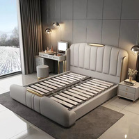 Lit double king size moderne de luxe en cuir or rose, mobilier de chambre à coucher, lit en bois avec cadre de lit en bois avec rangement, design de lit en bois