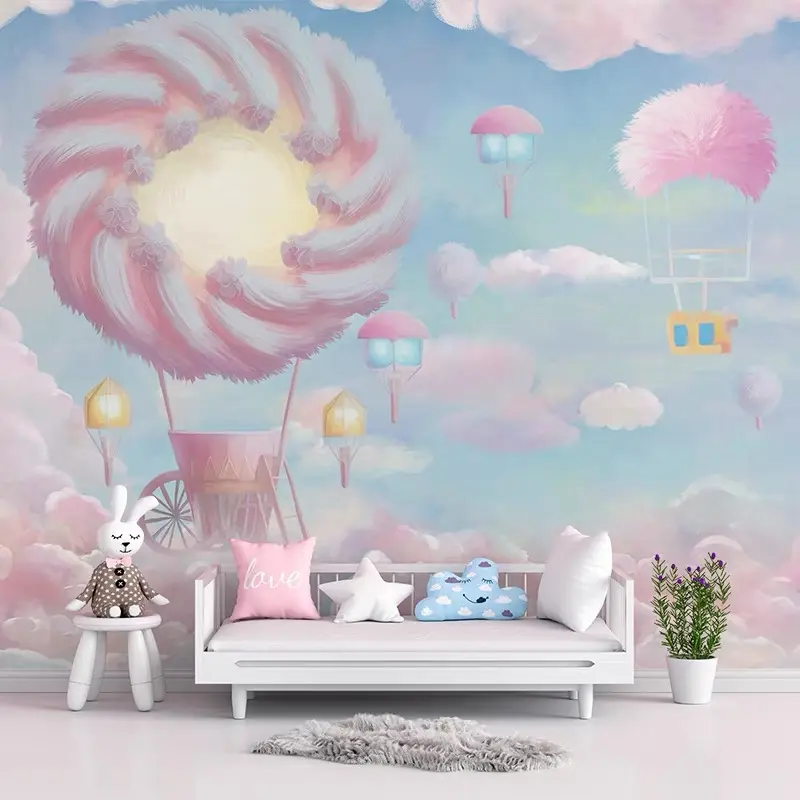 3d-18d女の子の寝室の壁紙ドーナツ熱気球子供部屋の壁の生地ピンクのプリンセススタイルの壁の布