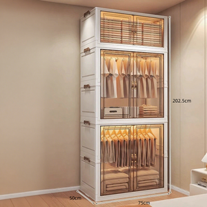 ตู้เสื้อผ้าแบบวอล์กอินสีขาวแบบตั้งพื้น ตู้เก็บของแบบแยกอิสระพร้อมราวแขวนและลิ้นชักไม้ ตู้เสื้อผ้าแบบพกพา - Product Image 5