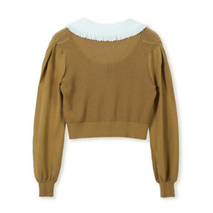 Pull cardigan à manches longues en maille côtelée élégante de luxe pour femmes, personnalisé OEM et ODM 2024, col <span class=keywords><strong>Peter</strong></span> Pan, boutons métalliques cool, bord festonné - Product Image 2