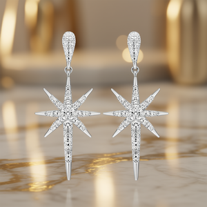 Orecchini a Stella in Oro Bianco con Diamanti E479, Gioielli di Lusso da Donna per Feste, Diamanti Naturali Taglio Brillante Rotondo Colore D - Product Image 2