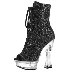 Transparent crystal thick heel 14cm shiny pink black lace up high heels fashion short boots bare boots