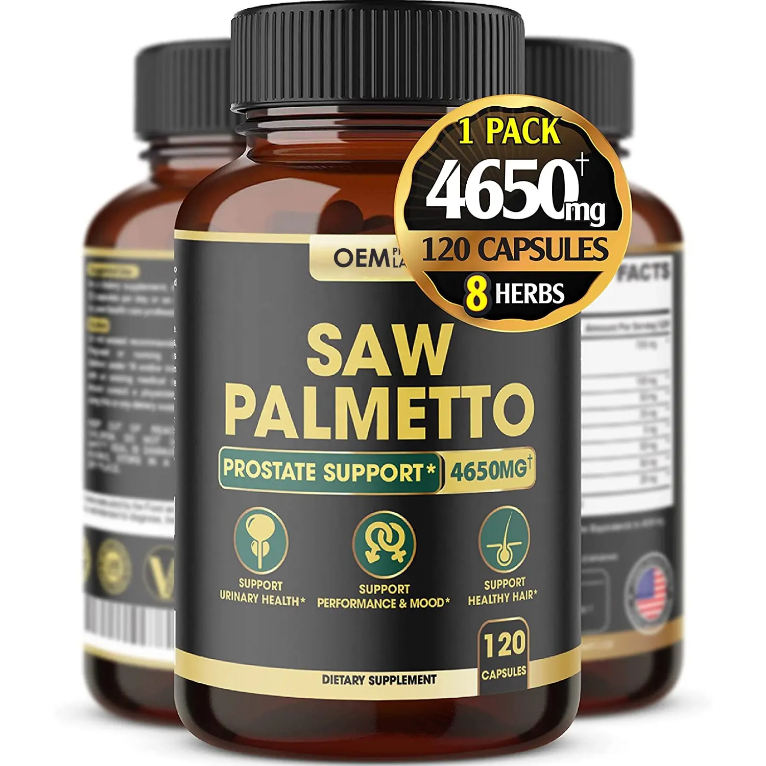 Saw Palmetto-Suplemento de próstata de espectro completo con Ashwagandha, cápsulas que mejoran el crecimiento del cabello, soporte energético de espectro completo