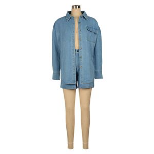 Ensemble en jean deux pièces pour femme : chemise boutonnée à manches longues et short taille haute – Tenue décontractée assortie - Product Image 5
