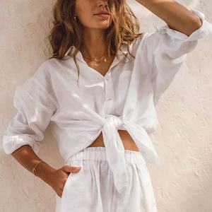 OEM Manufacturer Summer Beach Long Sleeve Button Blank T-Shirt Custom Loose Breathable Linen Shirt - Product Image 1