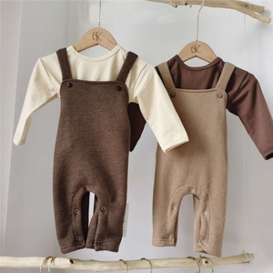 Mono de una pieza para bebé recién <span class=keywords><strong>nacido</strong></span> con tirantes, botones y rayas, de canalé marrón, para primavera, ropa de bebé, conjunto de regalo, pelele - Product Image 5