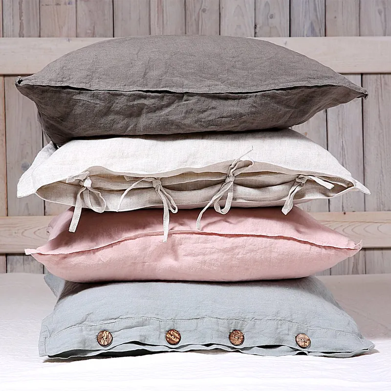 Bağları ile keten yastık örtüsü doğal keten yastık kılıfı kabuk hindistan cevizi toka ruffles tarak kenar/zarf/flaş/boru yastık