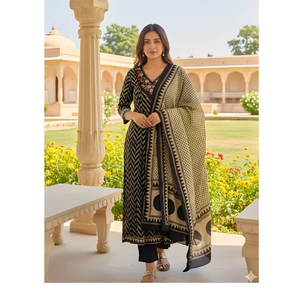 Ensemble de costume pour femme en coton noir et beige à imprimé géométrique, séchage rapide, sans plis, élégant, ethnique, décontracté, kurta, pantalon, dupatta - Product Image 1